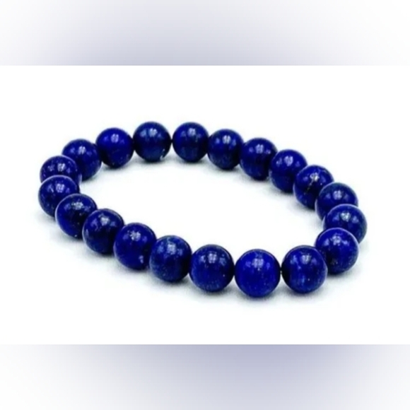 Lapis Lazuli Beaded Stretch Bracelet; Unisex Gemstone Bead Bracelet - Picture 3 of 6